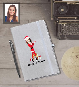 Kişiye Özel Yılbaşı Bayan Karikatürlü Gri Defter Kalem Hediye Seti Model-6