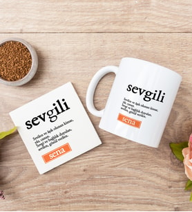Sevgili Kelime Anlamı Beyaz Kupa Bardak Ve Bardak Altlığı Seti