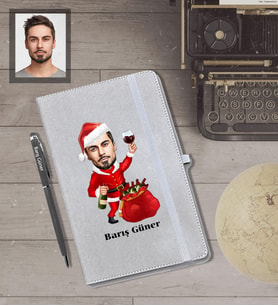 Kişiye Özel Yılbaşı Erkek Karikatürlü Gri Defter Kalem Hediye Seti Model-6