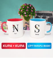 İkili Kişiye Özel Baş Harf ve İsim Yazılı Kupa Bardak Kırmızı Mavi