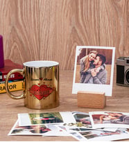 Sevgiliye Hediye Tarihli ve İsimli Gold Kupa ve Ahşap Standlı Polaroid Set