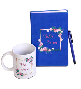 İsminize Özel Mavi Deri Defter & Metal Tükenmez Kalem + Kupa Bardak