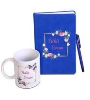 İsminize Özel Mavi Deri Defter & Metal Tükenmez Kalem + Kupa Bardak