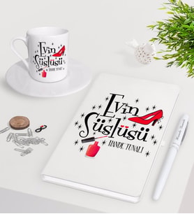 BK Gift Kişiye Özel Evin Süslüsü Beyaz Defter Kalem Türk Kahvesi Fincanı Seti-2 (Model 1)