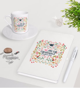 BK Gift Kişiye Özel En İyi Öğretmen Beyaz Defter Kalem Türk Kahvesi Fincanı Seti-15 (Model 1)