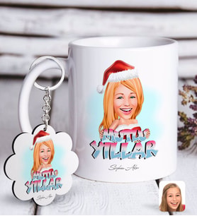 BK Gift Kişiye Özel Kadın Yeni Yıl Karikatürlü Beyaz Kupa ve Anahtarlık Hediye Seti-3 (Model 1)
