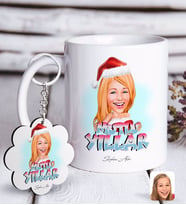 BK Gift Kişiye Özel Kadın Yeni Yıl Karikatürlü Beyaz Kupa ve Anahtarlık Hediye Seti-3 (Model 1)