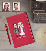 Kişiye Özel Gelin Damat Karikatürlü Kırmızı Defter Kalem Hediye Seti   Mod-6