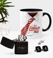 BK Gift Kişiye Özel İlk Babalar Günün Kutlu Olsun Siyah Kupa Çakmak Kol Düğmesi Seti-4 (Model 1)