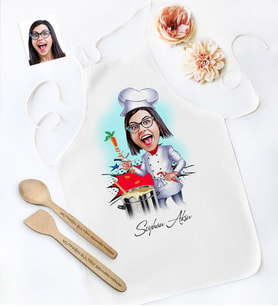 BK Gift Kişiye Özel Bayan Chef Karikatürlü Mutfak Önlüğü Ahşap Kaşık Spatula Seti - 1