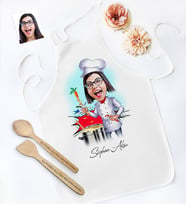 BK Gift Kişiye Özel Bayan Chef Karikatürlü Mutfak Önlüğü Ahşap Kaşık Spatula Seti - 1