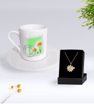 BK Gift Kişiye Özel Papatya Temalı Türk Kahvesi Fincanı Ve Papatya Kolye Hediye Seti-10 (Model 1)