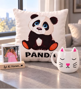Kişiye Özel Fotoğraflı Panda Yastık & Kedi Kupa