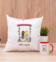 Best Friends Salıncak Tasarım Kare Yastık ve Kırmızı Kupa Bardak