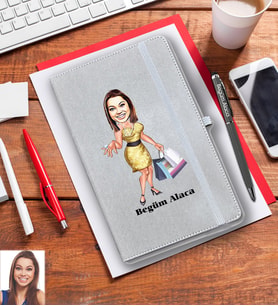 Kişiye Özel Bayan Karikatürlü Gri Defter Kalem Hediye Seti Model-3
