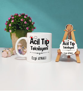 Acil Tıp Teknisyeni Tasarımlı Kişiye Özel Hediye Acil Tıp Teknisyeni Kupa Bardak ve Ahşap Anahtarlık Seti