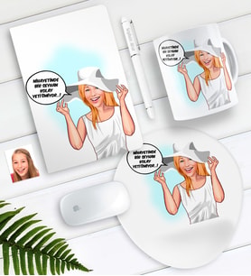 BK Gift Kişiye Özel Bayan Kolay Yetişmiyor Karikatürlü Defter Kalem Kupa Mouse Pad Seti-6 (Model 1)