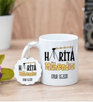 Harita Mühendisi Beyaz Kupa Bardak Ve Anahtarlık Set