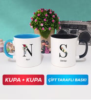 İkili Kişiye Özel Baş Harf ve İsim Yazılı Kupa Bardak Mavi Siyah