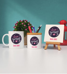 Love Yourself Tasarımlı Kişiye Özel Hediye Kupa Bardak Kalemlik ve Dekoratif Taş Baskı Seti