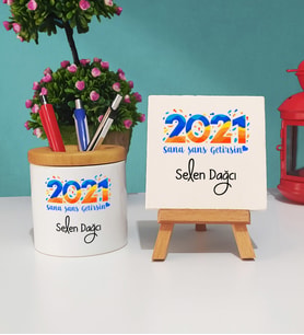 Sana Şans Getirsin 2021 Yılbaşı Hediyesi Kalemlik ve Dekoratif Taş Baskı Seti