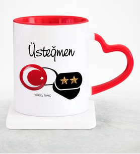 BK Gift Kişiye Özel Mesleki Üsteğmen Kırmızı Kalpli Kupa Bardak