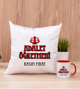 Adalet Öğretmeni Kare Yastık ve Kırmızı Kupa Bardak
