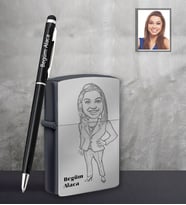 Kişiye Özel Öğretmen Karikatürlü Siyah Çakmak Kalem Hediye Seti Bayan-14 (Model 1)