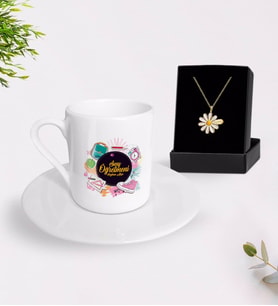 BK Gift Kişiye Özel Sınıf Öğretmeni Türk Kahvesi Fincanı ve İsimli Papatya Kolye Hediye Seti-15 (Model 1)