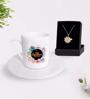 BK Gift Kişiye Özel Sınıf Öğretmeni Türk Kahvesi Fincanı ve İsimli Papatya Kolye Hediye Seti-15 (Model 1)