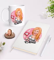 BK Gift Kişiye Özel Kadın Youtuber Karikatürlü Beyaz Defter Kalem ve Kupa Seti-2 (Model 1)