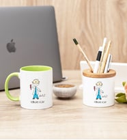 Erkek Diş Hekimi Karikatürü Yeşil Kupa Bardak Ve Kalemlik Seti