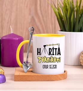 Harita Teknikeri Ahşap Altlıklı Sarı Kupa Bardak