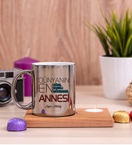 Dünyanın En İyi Annesi Ahşap Altlıklı Mumlu Silver Kupa Bardak