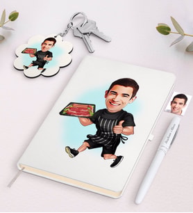BK Gift Kişiye Özel Erkek Mangalcı Karikatürlü Beyaz Defter Kalem ve Anahtarlık Hediye Seti-2 (Model 1)