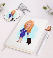 BK Gift Kişiye Özel Hostes Karikatürlü Beyaz Defter Kalem ve Anahtarlık Hediye Seti-2 (Model 1)