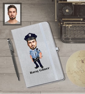 Kişiye Özel Polis Karikatürlü Gri Defter Kalem Hediye Seti  Bay-4