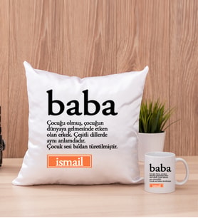 Baba Kelime Anlamı Kare Yastık ve Beyaz Kupa Bardak