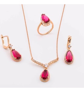 925 Ayar Gümüş Pembe Zirkon Taşlı Damla Model  Set