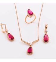 925 Ayar Gümüş Pembe Zirkon Taşlı Damla Model  Set