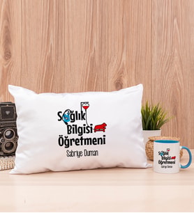 Sağlık Bilgisi Öğretmeni Dikdörtgen Yastık ve Mavi Kupa Bardak