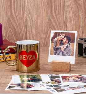 İsim Yazılı Kalpli Gold Kupa Bardak ve Ahşap Standlı Polaroid Set