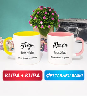 İkili Sevgiliye Hediye İsme Özel Sevgililer Günü Hediyesi Kupa Bardak Sarı Pembe