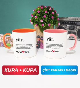 İkili Yâr Sevgililer Günü Hediyesi Kupa Bardak Turuncu Pembe