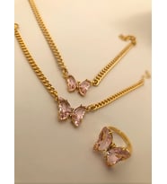 Mariposa Kelebek Choker Kolye Bilezik Yüzük Set Pembe