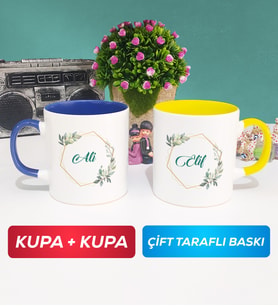 İkili Çiçek Tasarımlı İsme Özel Kupa Bardak Lacivert Sarı