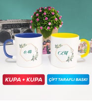 İkili Çiçek Tasarımlı İsme Özel Kupa Bardak Lacivert Sarı