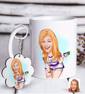 BK Gift Kişiye Özel Bayan Karikatürlü Beyaz Kupa ve Anahtarlık Hediye Seti-36 (Model 1)