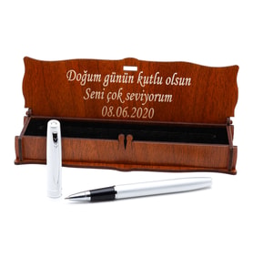 Kişiye Özel İsimli , Ahşap Kutuda Kalem (Krom)