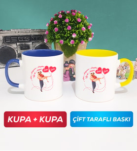 İkili Sevgiliye Sevgililer Günü Hediyesi 2 Kupa Bardak Lacivert Sarı